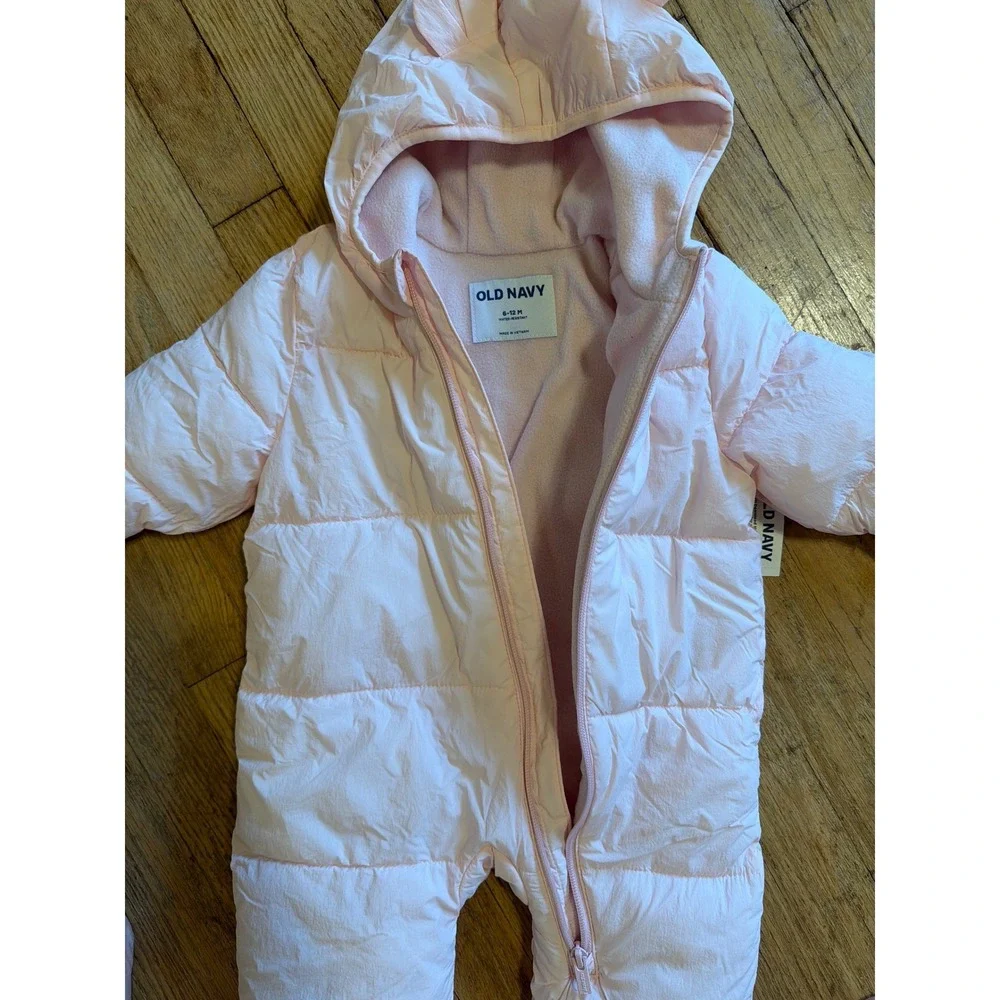 NEW 6-12 Month Old Navy Baby Pink Puffer Snowsuit Water Resistant Fleece Lined